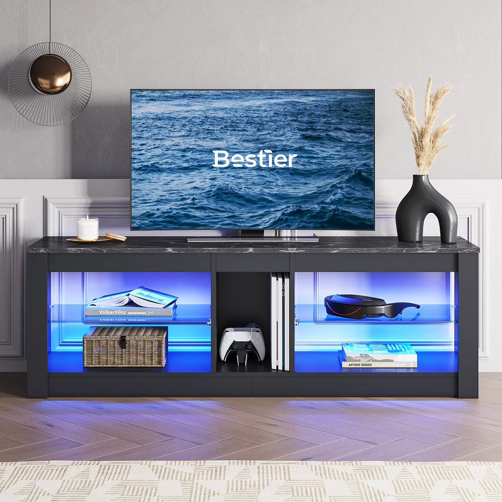 Bestier Entertainment Center with LED Lights TV Stand Media Console Table for TVs up to 60" in Light Grey