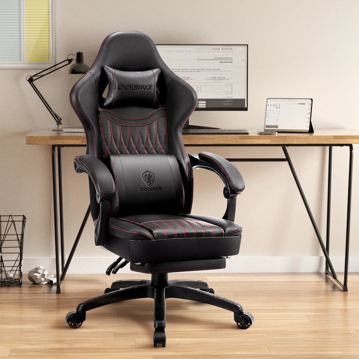 Dowinx Gaming Chair Breathable PU Leather Gamer Chair with Pocket Spring Cushion, Ergonomic Computer Chair with Massage Lumbar Support,Adjustable Swivel Task Chair with Footrest(Brown)