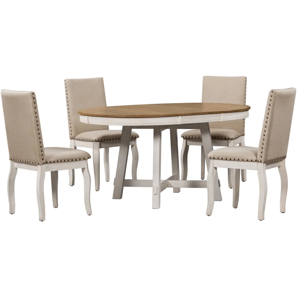 Harper & Bright Designs Round Extendable Dining Table Set for 4, 5 Piece Farmhouse Wood Dining Table Set with 4 Upholstered Dining Chairs, Natural Wood Wash