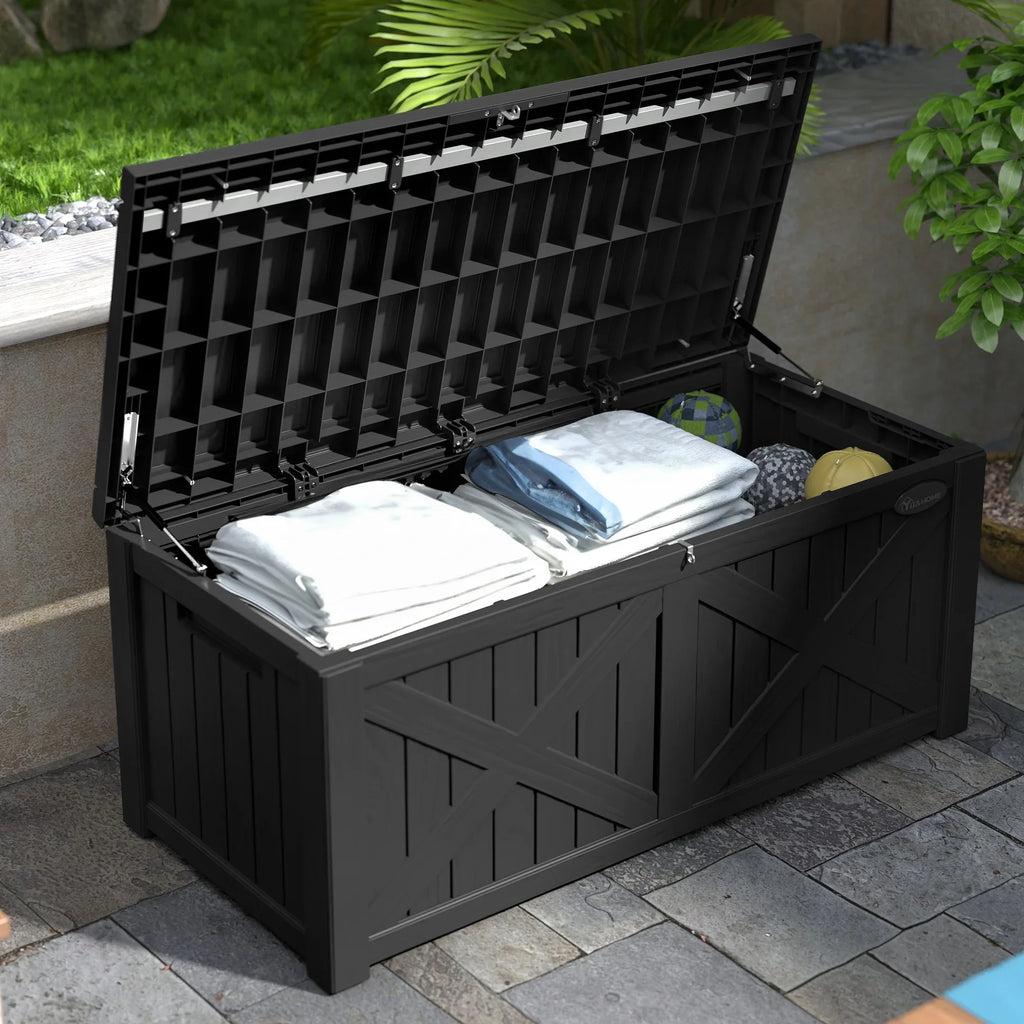 Uforic Outdoor 120 Gallon Large Resin Deck Box, Outdoor Storage Boxes with X-Shaped Front, for Patio Garden, Waterproof & Lockable, Light Brown
