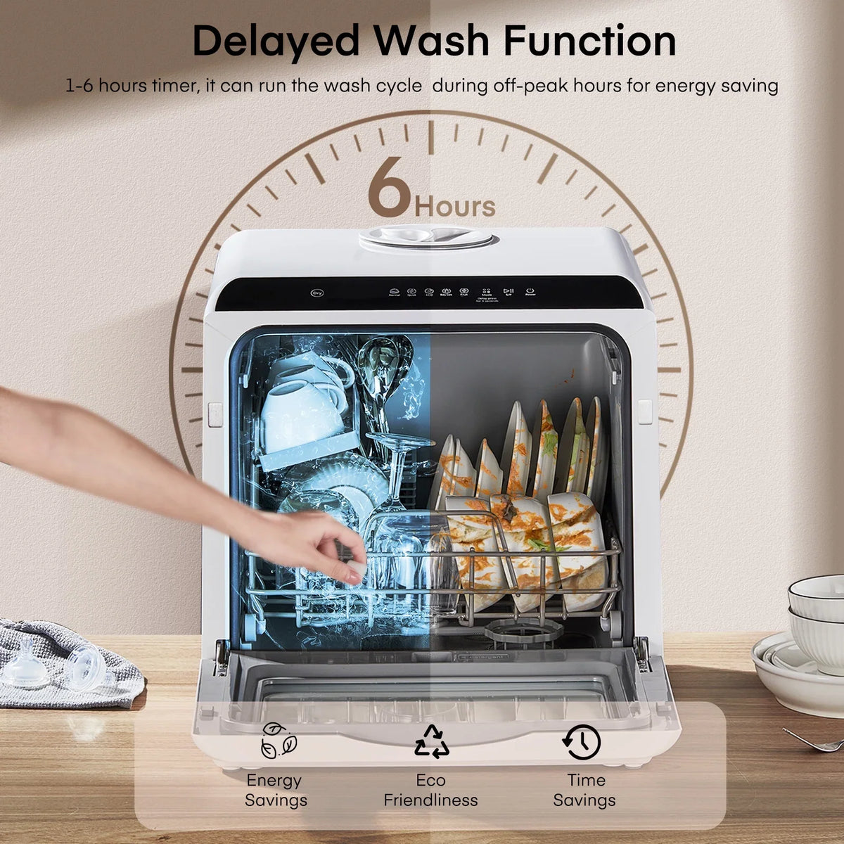 Countertop Dishwasher with Timeing Function, 6 Programs, 360" Dual Spray, 167�H High-Temp, Mini Portable Dishwasher for Home,Apartments,RVs
