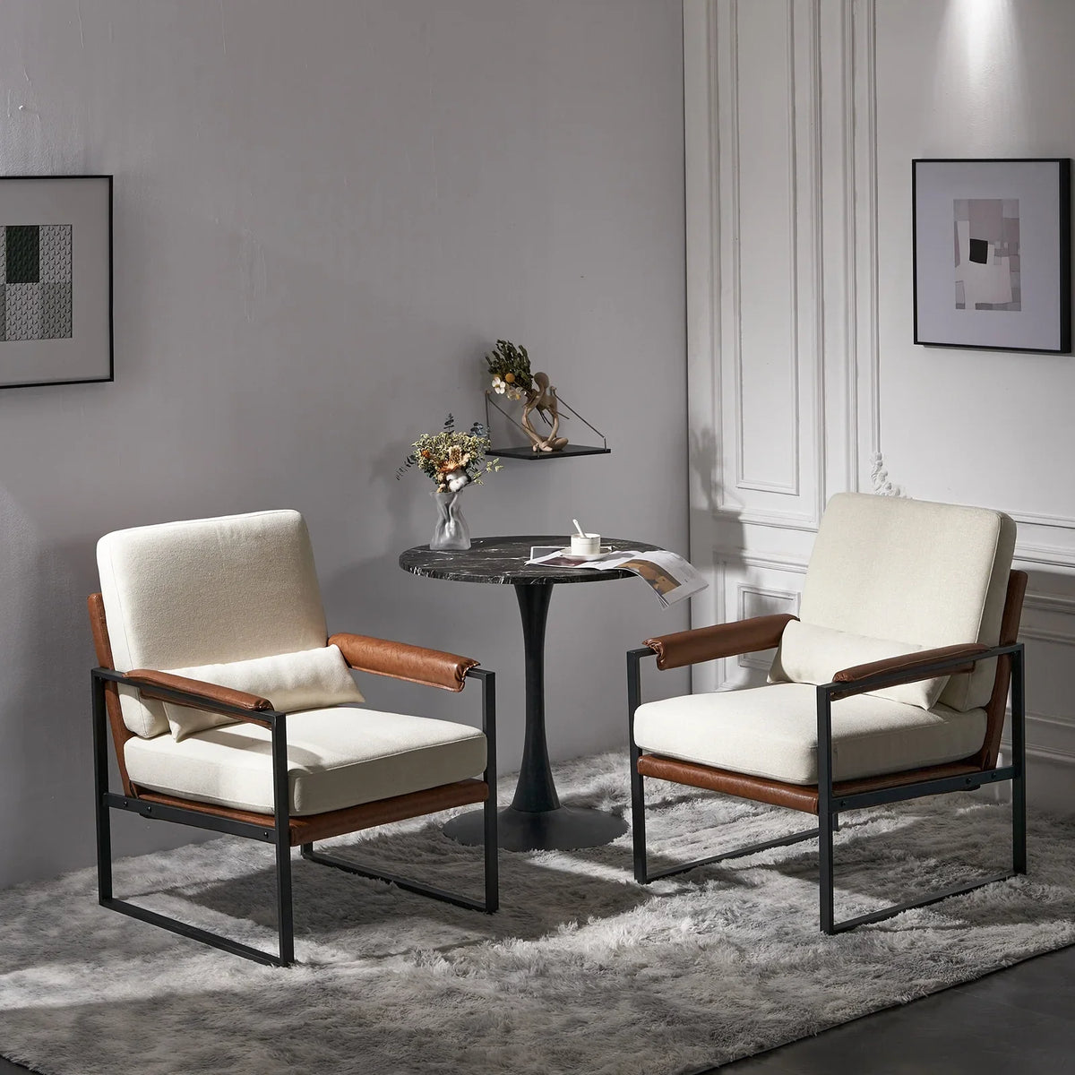 Ktaxon Accent Chair Lounge Armchair Modern Linen Fabric Upholstered Single Sofa with Black Coated Metal Frame Creamy White and Brown