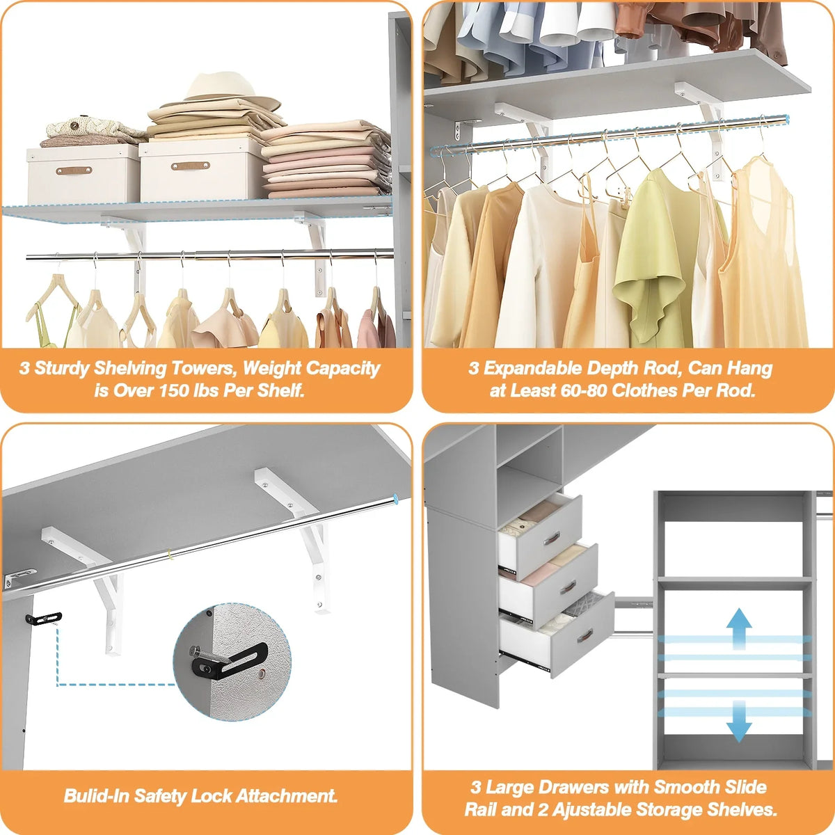 Homieasy 96 Inches Closet System, 8FT Walk In Closet Organizer with 3 Shelving Towers, Heavy Duty Clothes Rack with 3 Drawers, Built-In Garment Rack, 96" L x 16" W x 75" H, White