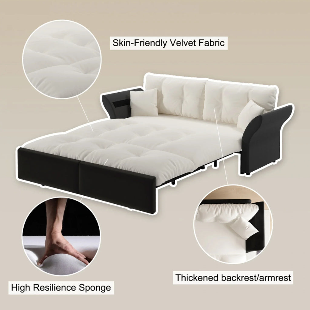 66" Queen Pull Out Sofa Bed, 3-in-1 Convertible Sleeper Sofa with Side Storage,Multi-Functional Velvet Loveseat Bed for Living Room,Bedroom