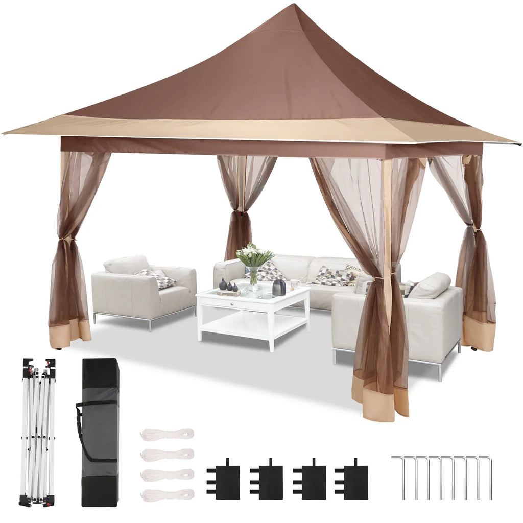 HOTEEL 12x12 Outdoor Pop-up Gazebo Canopy with Mosquito Netting 2-Tiered Vented Top 3 Adjustable Height for Backyard, Garden, Lawn,Light Grey