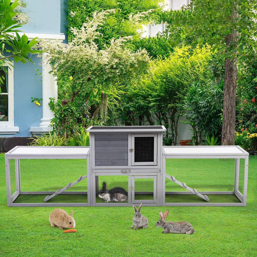 COZIWOW 94'' Wooden Large Rabbit Hutch with Pull Guinea Pig House Chincken Coop Gray