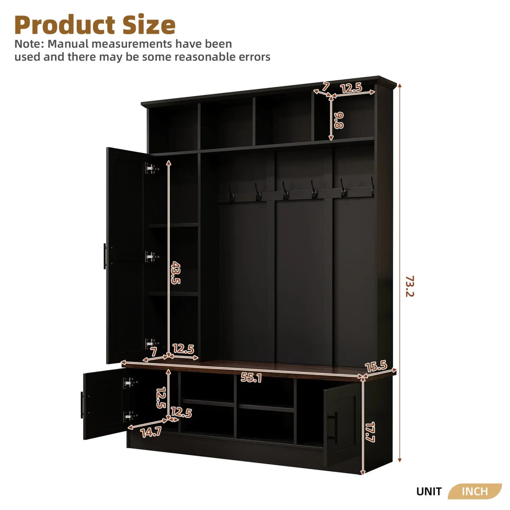 Hall Tree with Bench and Shoe Storage, 3-in-1 Hall Tree with Coat Rack, Adjustable Shoe Storage, 6 Hooks, 3 Cabinets, 4 Open Compartments, for Hallway, Entryway, Bedroom, Black