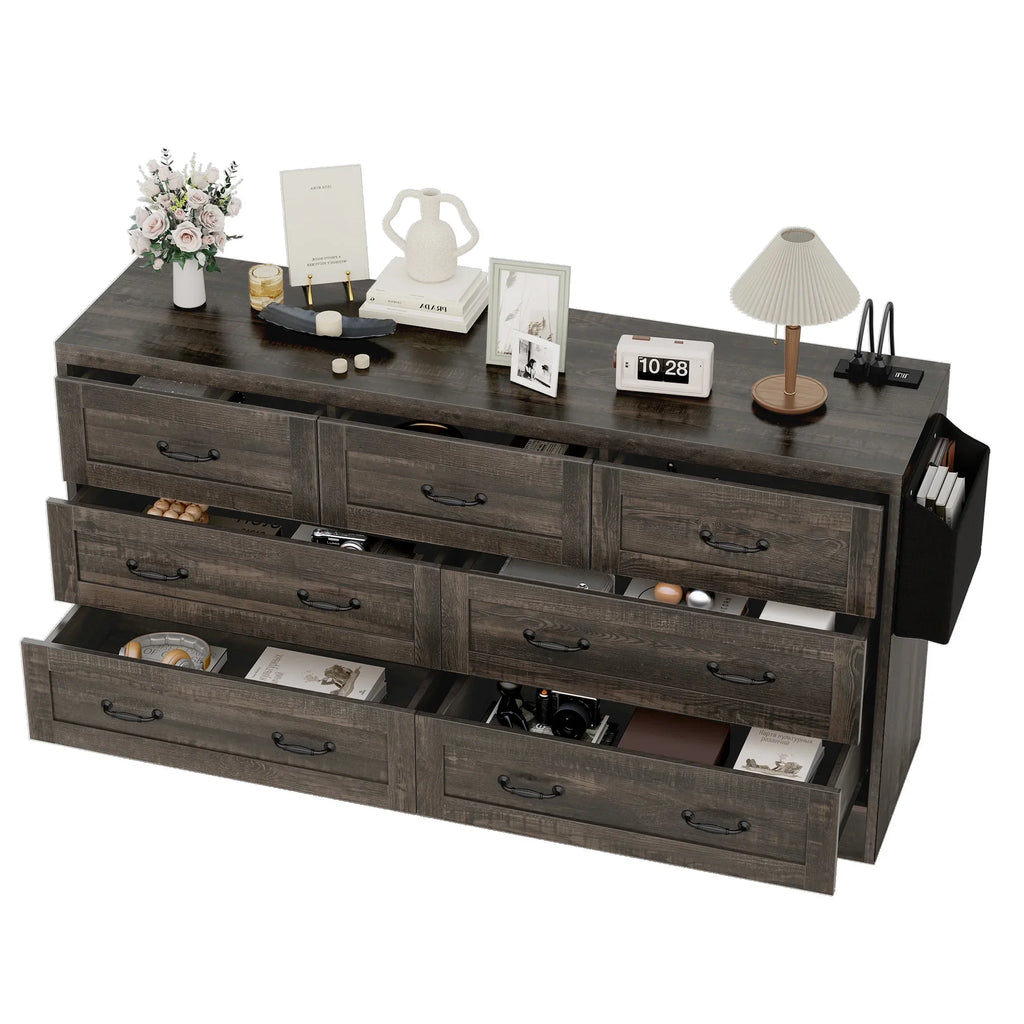 Craftian 7-Drawer Double Dresser Storage Cabinet with Power Outlets, Wood Chest of Drawers, Gray