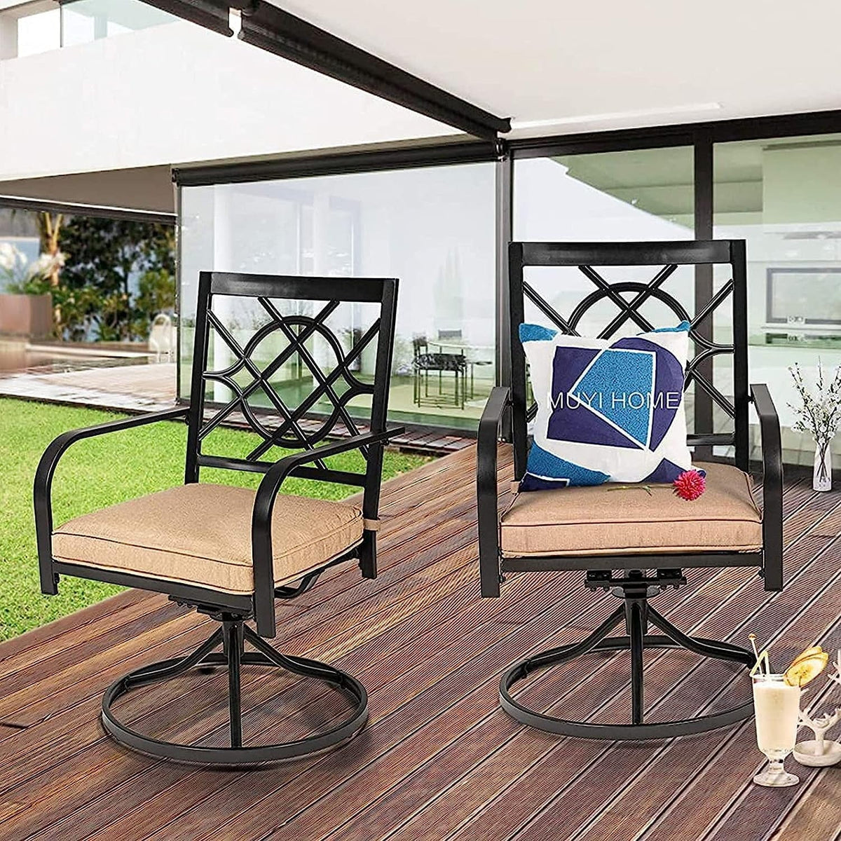 SUNCROWN 5-Piece Outdoor Wrought Iron Chairs and Table Patio Dining Furniture Set - 4 Stackable Metal Chairs, 1 Steel Slat Bistro Table and 1 Sky Blue 9Ft Patio Umbrella for Garden Backyard Deck