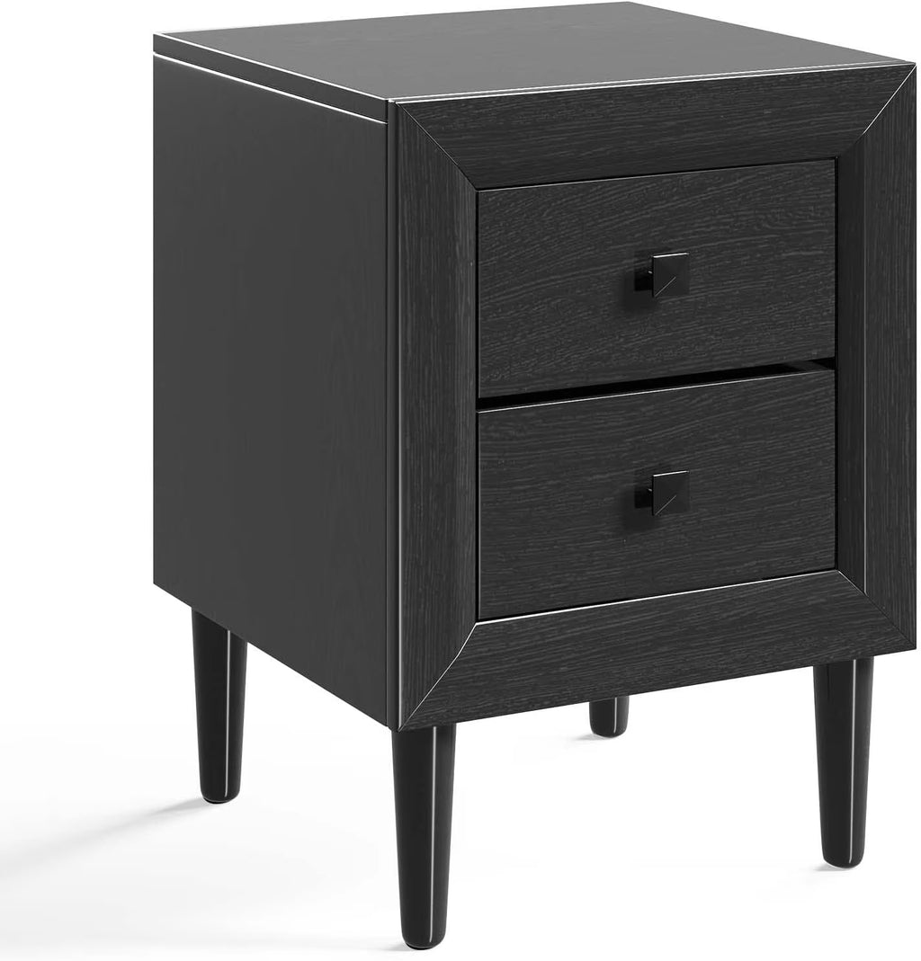 RONOVIA Black Nightstand Set of 2, Fully-Assembled 2-Drawer Bedside Tables with Solid Wood Legs for Bedroom, Modern Night Stand Side Table for Small Space Living Room