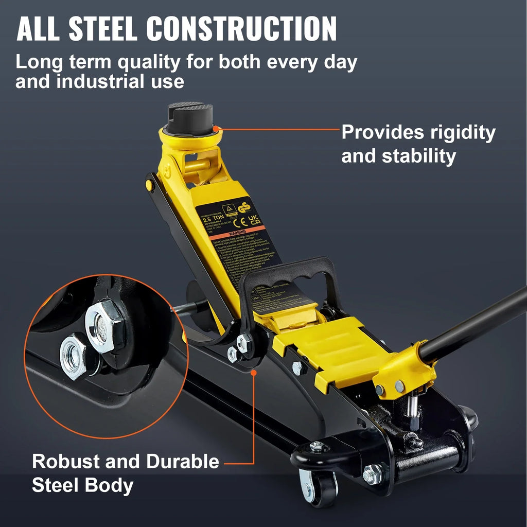 KFFKFF Low Profile Floor Jack,2.5 Ton(5500 lbs) Slim Profile, Durable Steel Racing Lift with Single Piston Pump, Range 3.35"-14.96""Black+Yellow