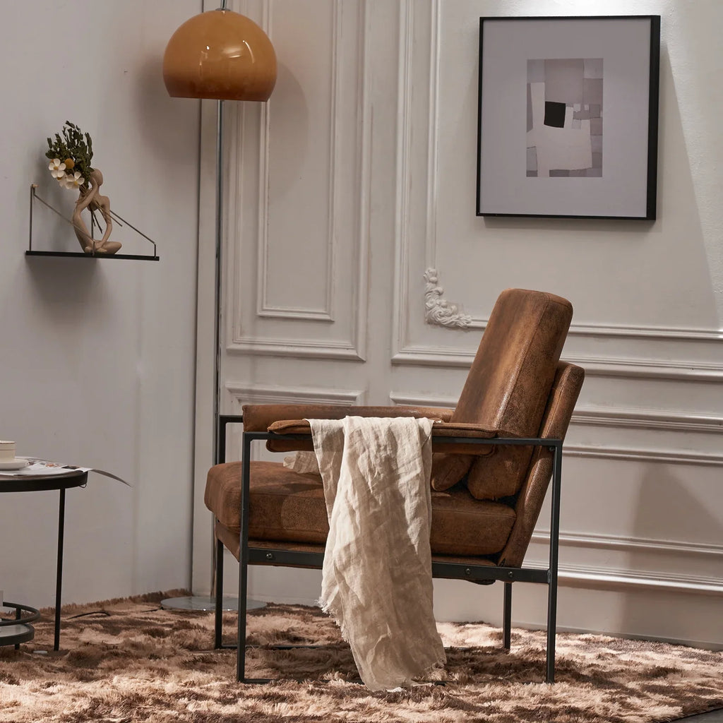 Ktaxon Accent Chair Lounge Armchair Modern Linen Fabric Upholstered Single Sofa with Black Coated Metal Frame Creamy White and Brown