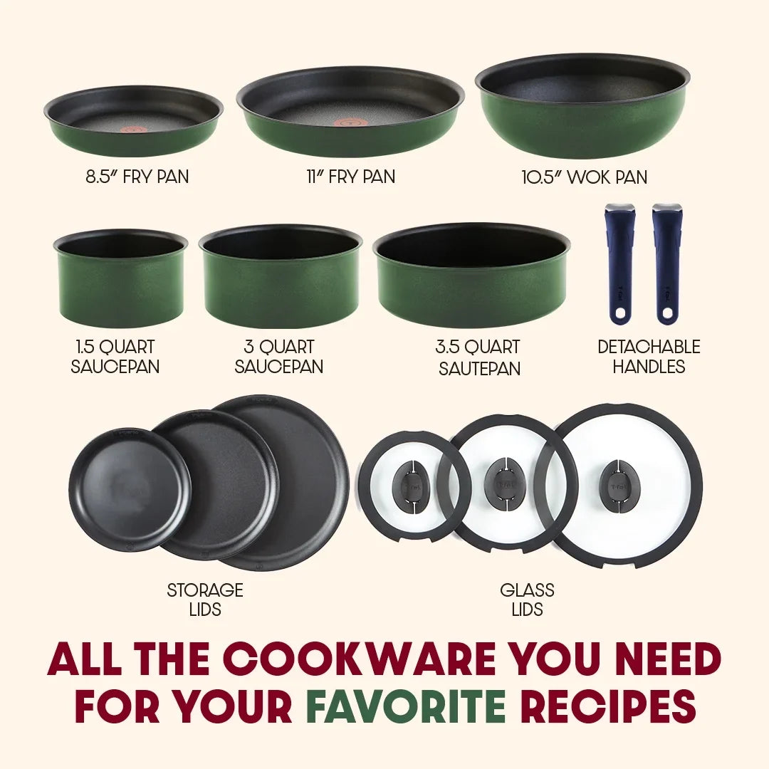 T-fal Ingenio Expertise Nonstick 14-Piece Cookware Set, Induction Oven Safe up to 500F, Detachable Handle, Onyx Black