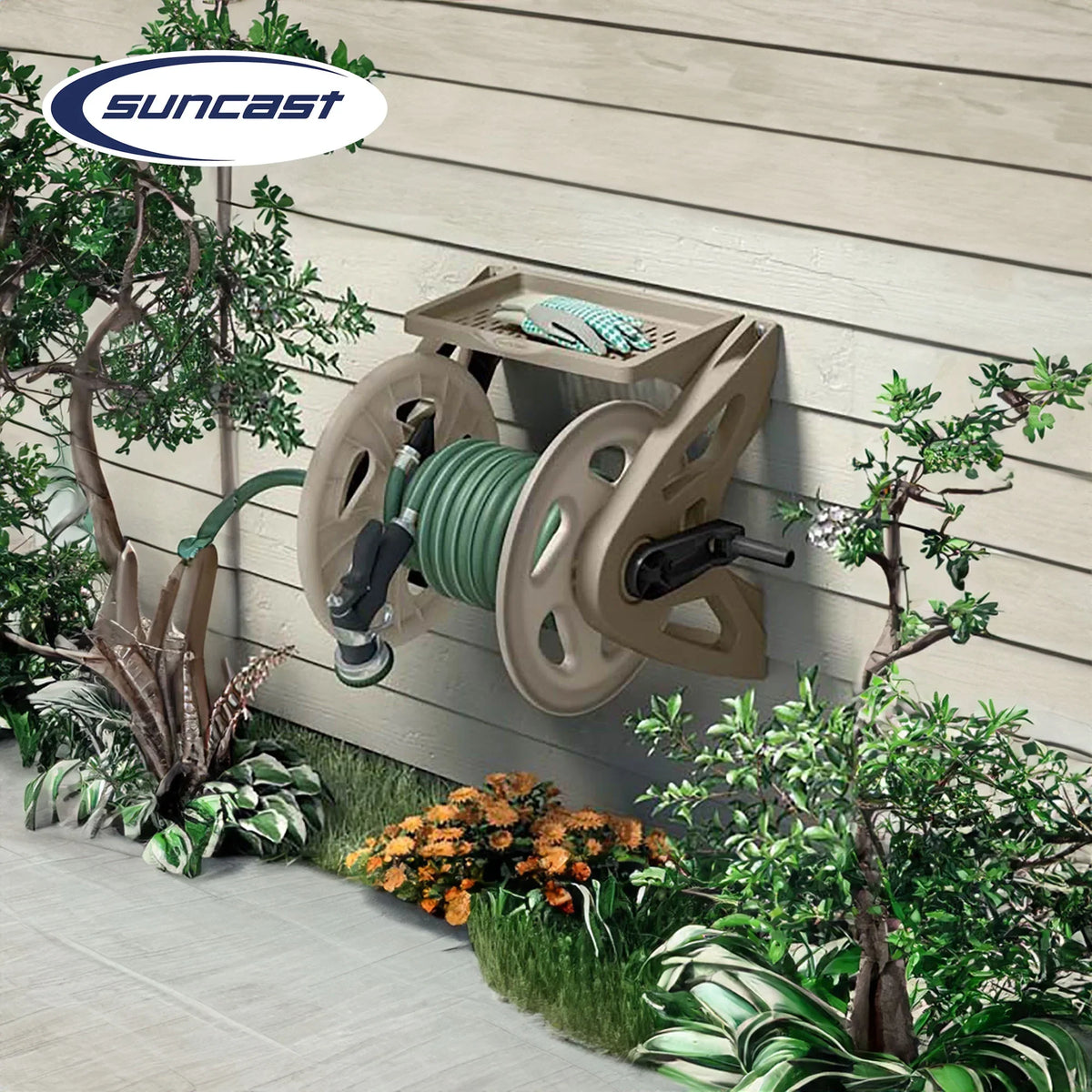Suncast Handler 200 Foot Resin Wall Mounted Outdoor Garden Hose Reel, Taupe