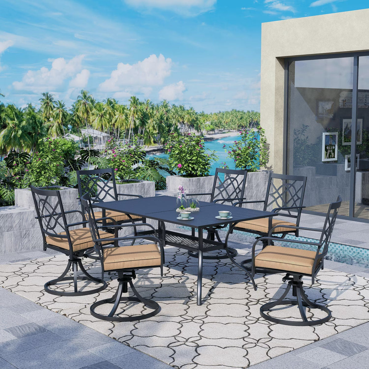 SUNCROWN 5-Piece Outdoor Wrought Iron Chairs and Table Patio Dining Furniture Set - 4 Stackable Metal Chairs, 1 Steel Slat Bistro Table and 1 Sky Blue 9Ft Patio Umbrella for Garden Backyard Deck