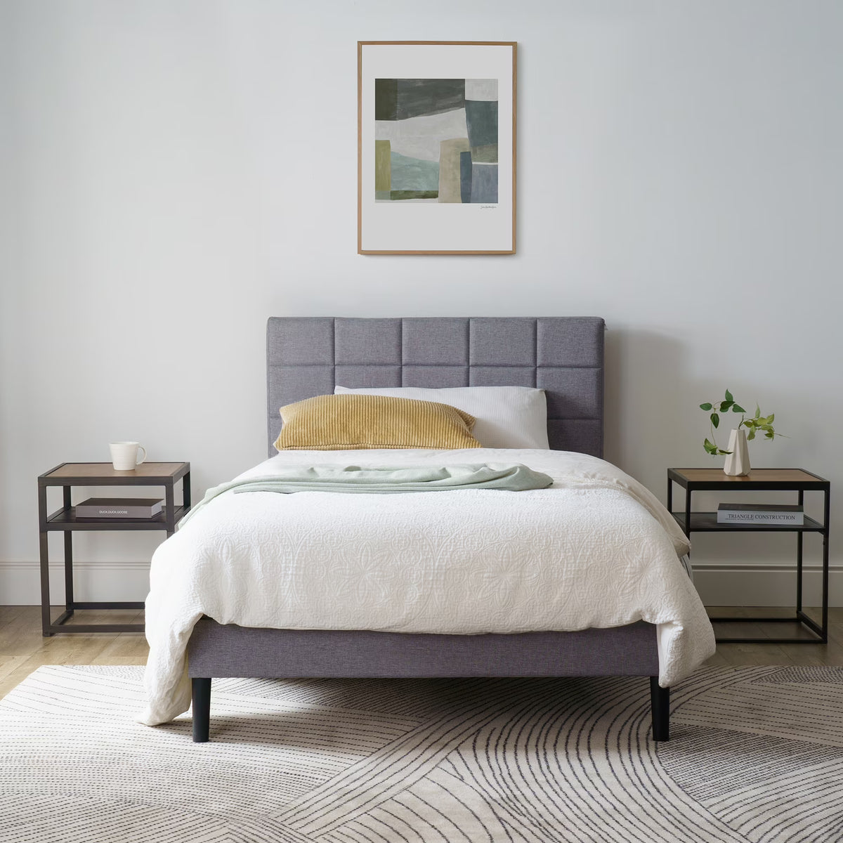 Mainstays Upholstered Platform Bed, No Box Spring Needed, Gray, Queen