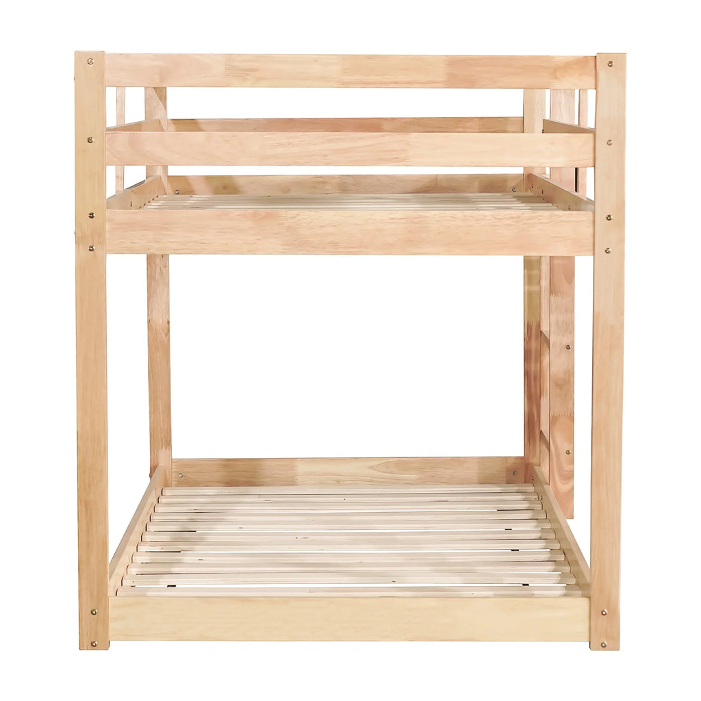 Twin Over Twin Floor Bunk Bed, UHOMEPRO Solid Wood Low Bunk Bed with Safety Rail, Ladder, Heavy Duty Bunk Beds, Space-Saving Bedroom Dorm Furniture, Gray