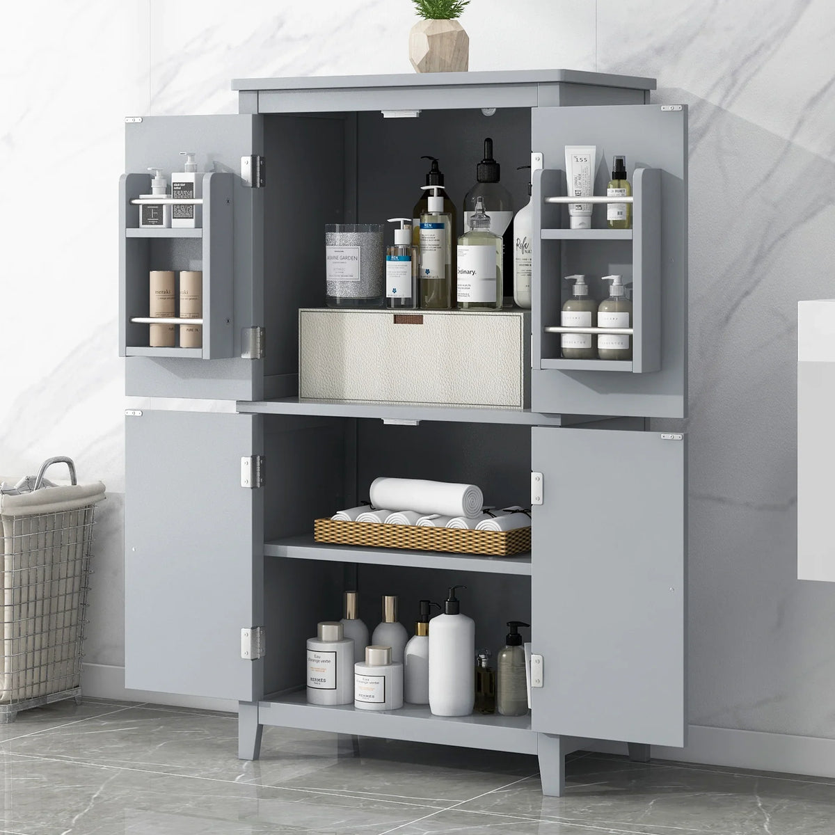 Elegant Bathroom Floor Storage Cabinet, Bathroom Storage Unit, Freestanding Cabinet with 4 Doors