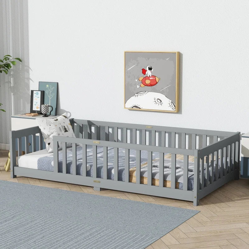 Bellemave Twin Size Floor Beds, Wood Montessori Bed with Fence Railings & Support Slats, No Box Spring Needed (Gray"
