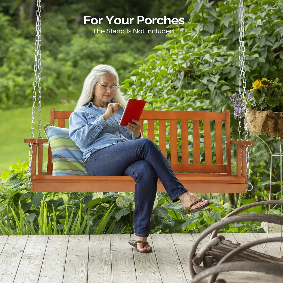 VINGLI Heavy Duty 880 LBS 4 FT Patio Wooden Porch Swing with Upgraded Adjustable Chains, Rustic