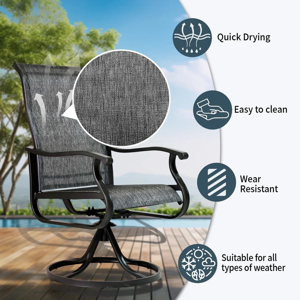 Patio Swivel Chairs Set of 2, Outdoor High Back Rocker Dining Chairs with All-Weather Textilene Mesh and Metal Frame, Comfortable Swivel Chairs for Patio, Garden, Deck, and Backyard (Beige)