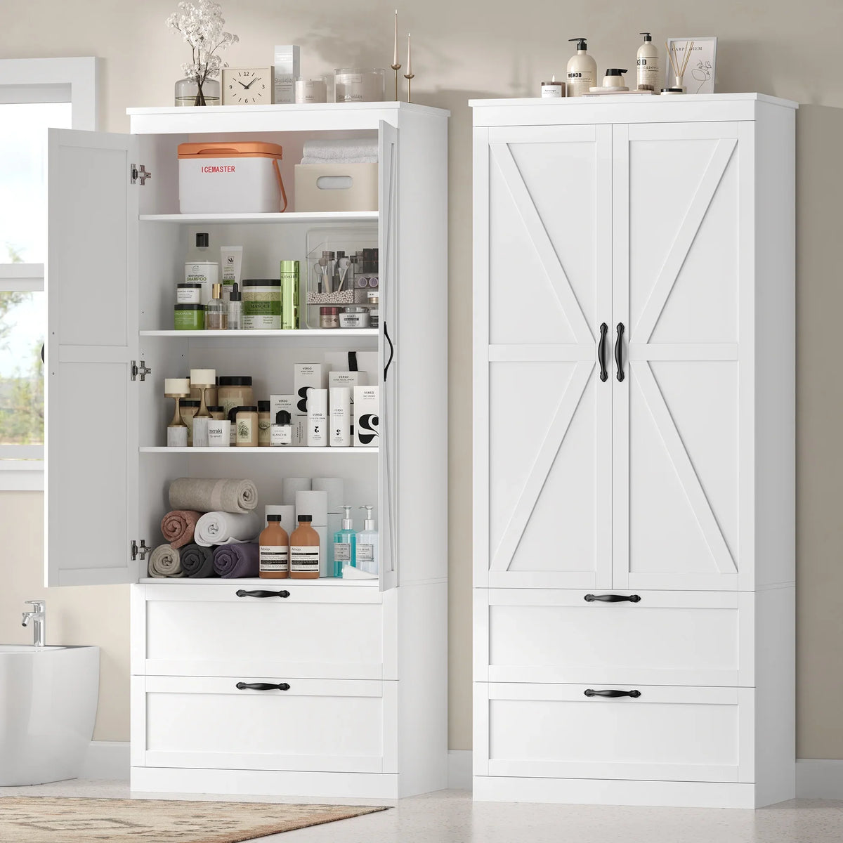 Homfa 70.3"H Bathroom Storage Cabinet, Farmhouse Linen Storage Cabinet with 2 Drawers, White