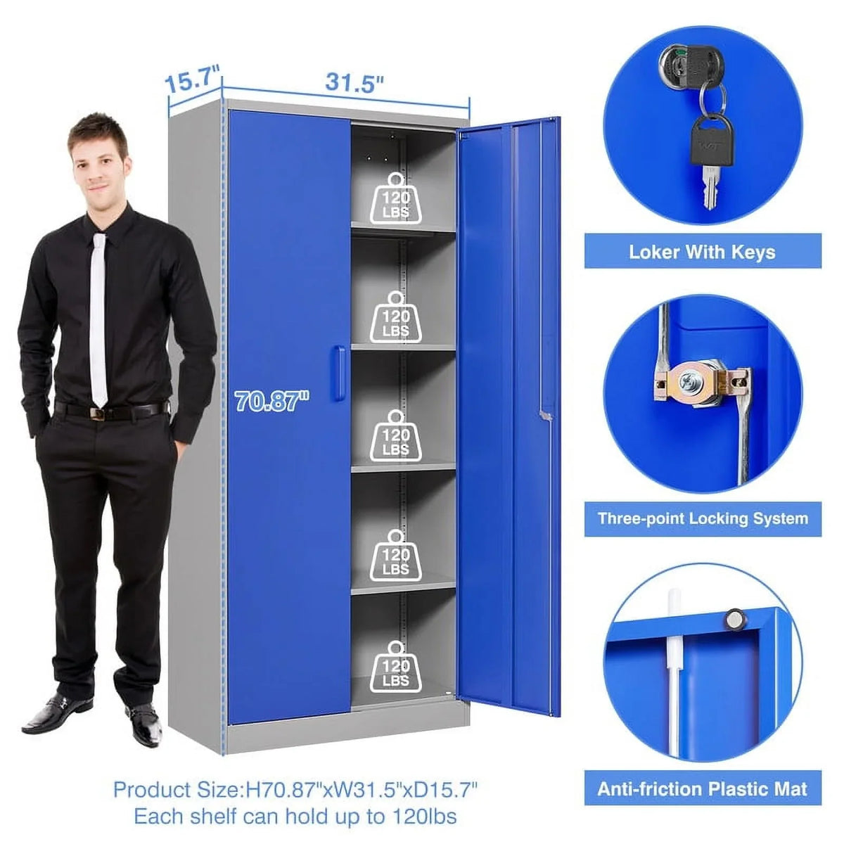 Fesbos Metal Garage Storage Cabinet with 2 Doors and 4 Adjustable Shelves - 71" Steel Lockable File Cabinet,Locking Tool Cabinet for Office,Home,Garage,Gym (Blue)