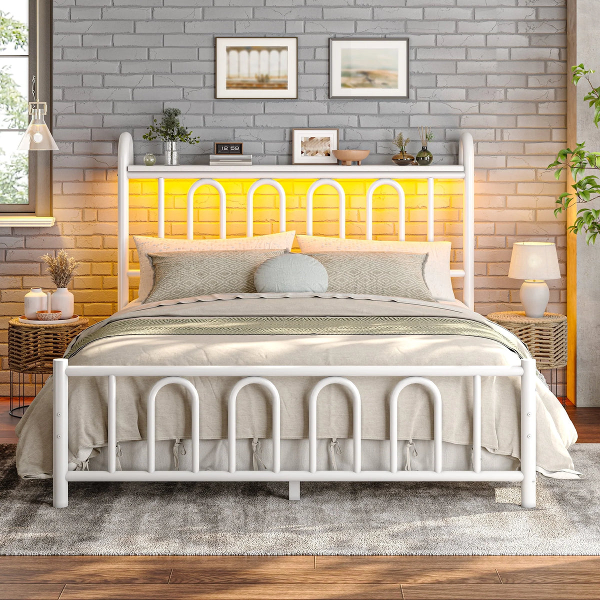 EnHomee Queen Size Metal Platform Bed Frame with Headboard Metal Bed Frame with LED Lights Queen Bed Frame with Underbed Storage,Black