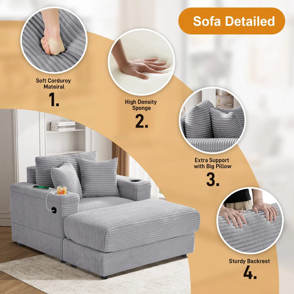 Wiilayok Oversized Lounge Chair Indoor,54" Corduroy Cloud Chaise Lounge Couch Indoor with Ottoman,Cup Holder for Living Room,Bedroom,Beige
