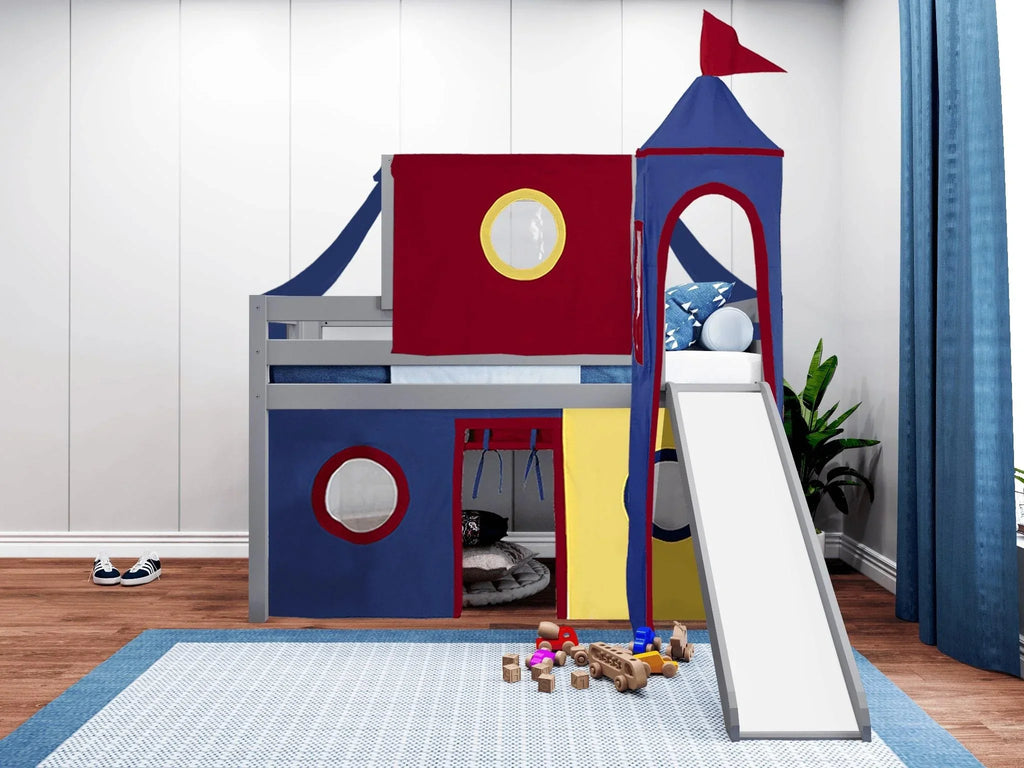 JACKPOT! Castle Low Loft Bed with Slide, Red Yellow and Blue Tent and Tower, Twin, Cherry