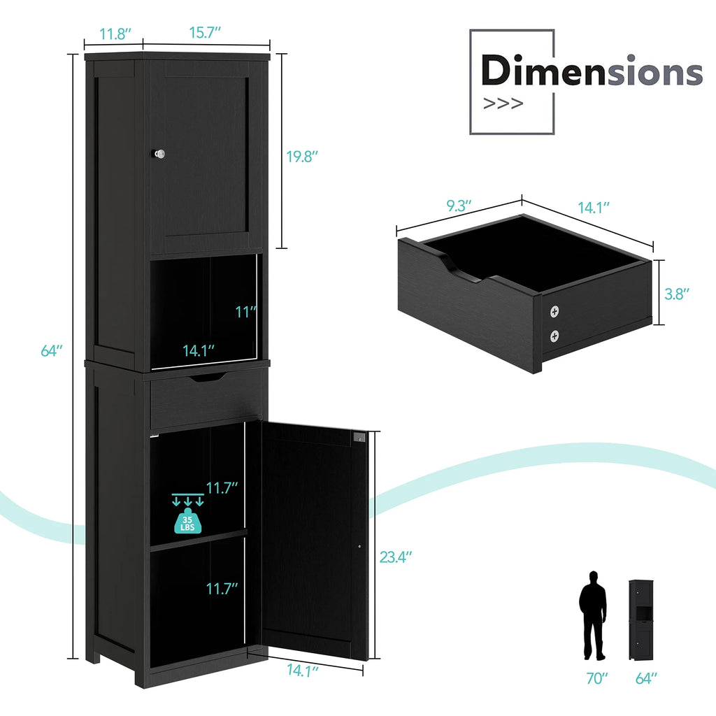 Walsunny Bathroom Storage Cabinet 64" Tall Wooden Kitchen Cupboard Pantry Cabinet with Doors Shelves Drawer Black
