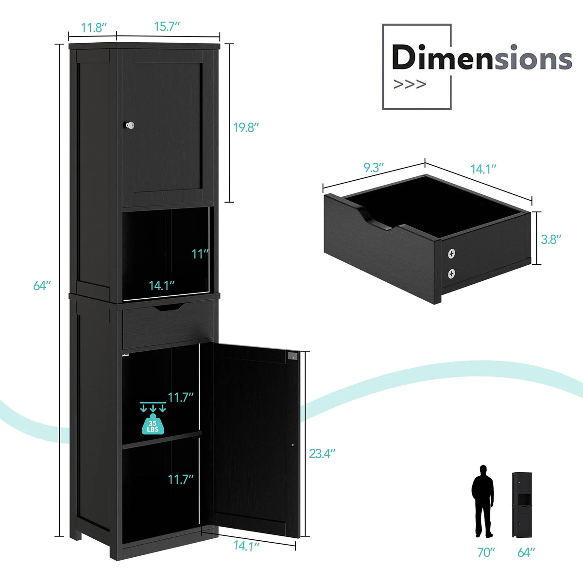 Walsunny Bathroom Storage Cabinet 64" Tall Wooden Kitchen Cupboard Pantry Cabinet with Doors Shelves Drawer Black