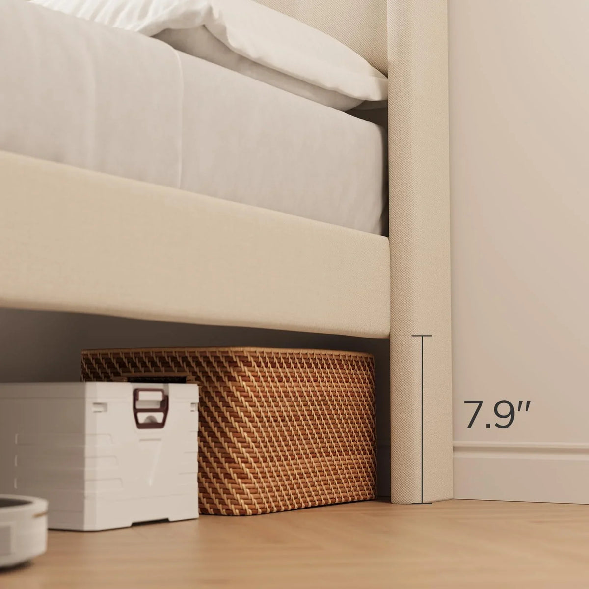 Full Size Bed Frame with Headboard, Under-Bed Storage, 850lbs, Beige