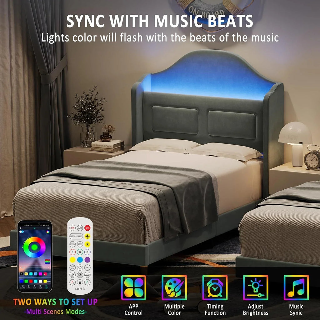 BouPower Twin Size Bed Frame with LED Lights,Platform Bed with Wing Back Storage Headboard,Upholstered Twin Bed,No Box Spring Needed,Easy Assembly