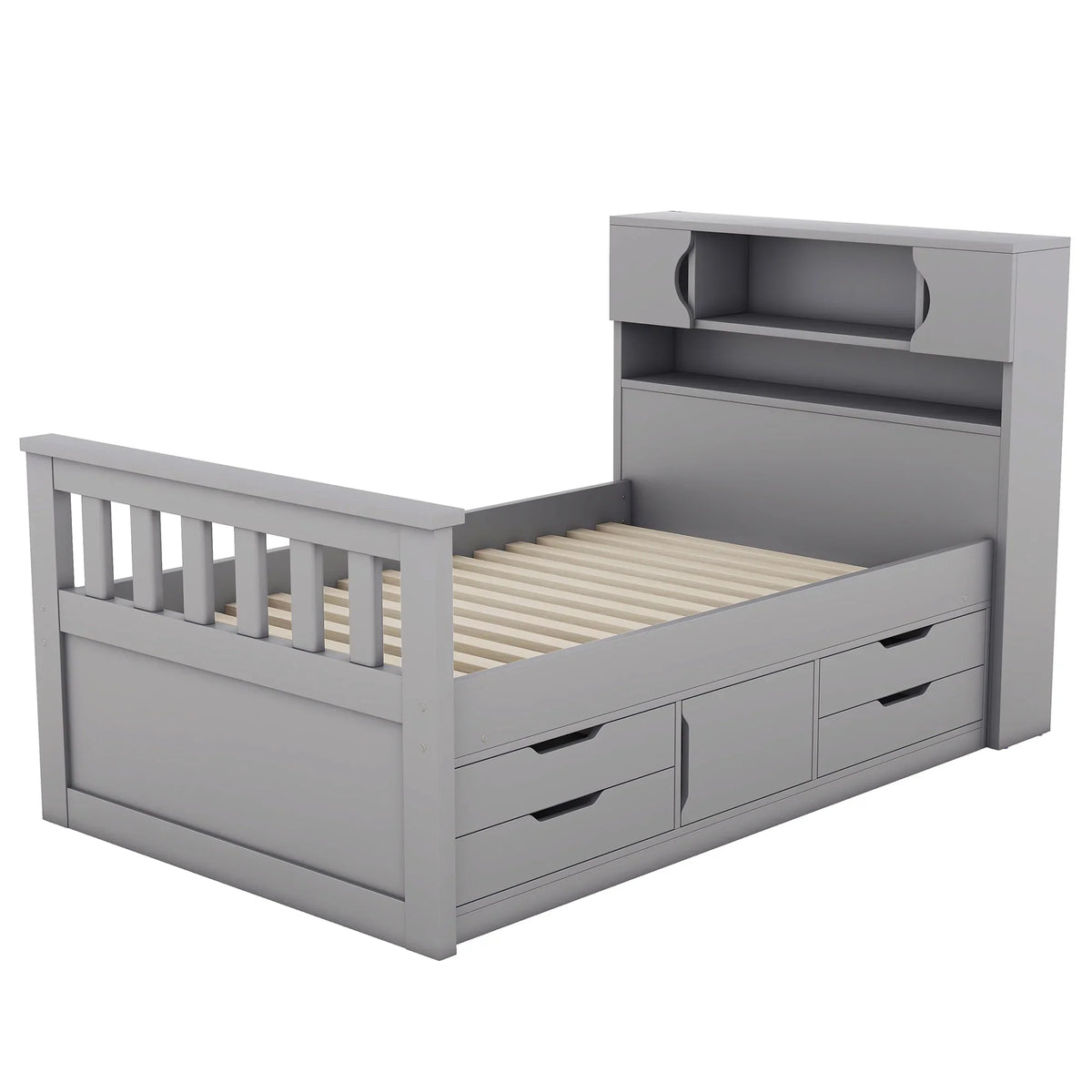 Euroco Wood Twin Size Platform Bed with Storage Headboard, Captain Bed with 4 Drawers, Bookcase and Cabinets, Gray
