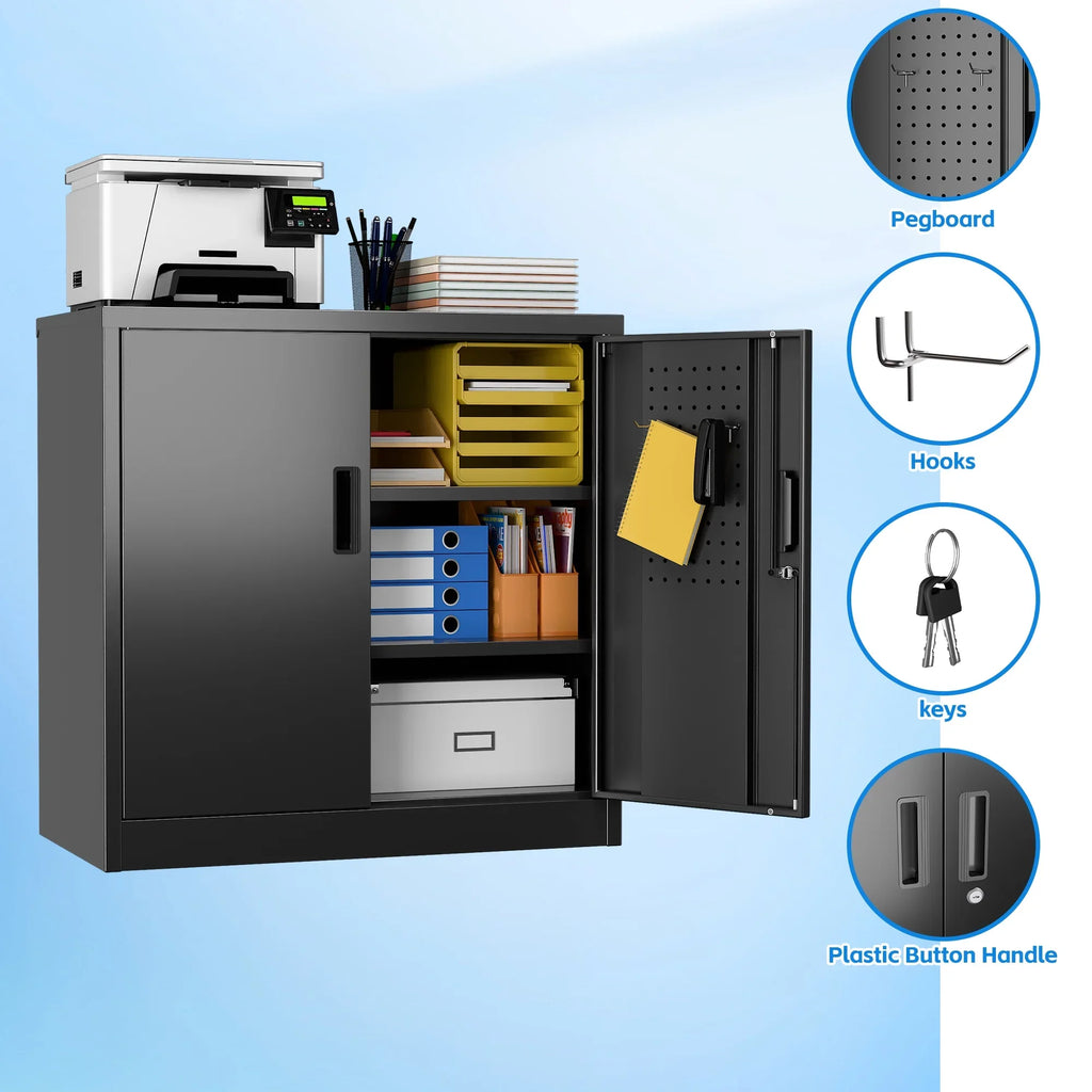 GAEANET 2 Door Metal Storage Cabinet with 5 Adjustable Shelves &Pegboard, 71" H"32" W"16" D Locking Steel Garage Cabinet, for Garage,Office,Home,Gym,School, File Cabinet,Assembly Required, Black