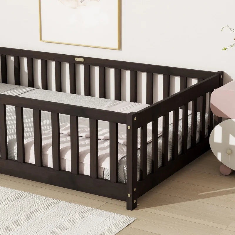 Bellemave Twin Size Floor Beds, Wood Montessori Bed with Fence Railings & Support Slats, No Box Spring Needed (Gray"