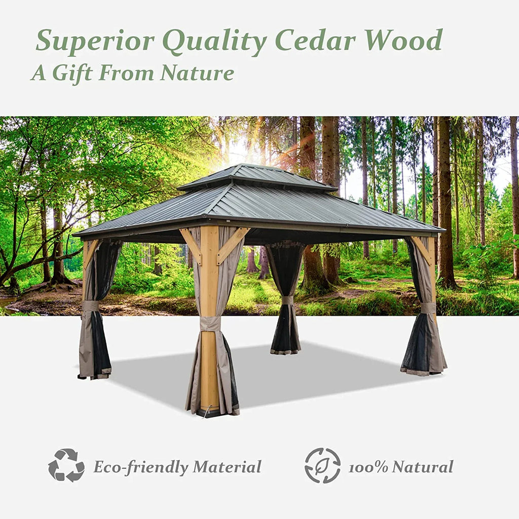 Domi 12x20 ft Wood Gazebo, Cedar Wood Frame Hardtop Gazebo with Galvanized Steel Double Roof, Outdoor Gazebo with Netting and Curtains, Patio Gazebo Pergola Pavilion for Patio, Backyard, Deck, Lawns