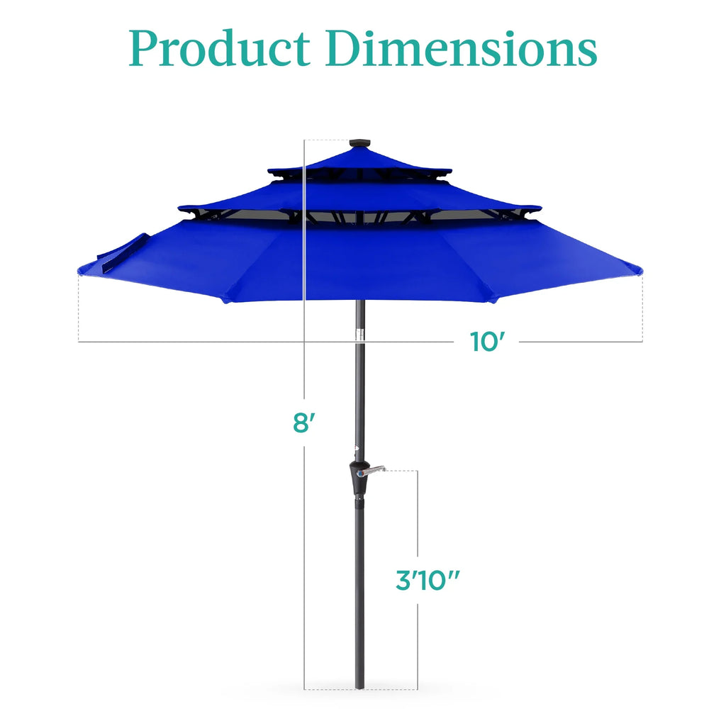 Best Choice Products 10ft 3-Tier Solar Patio Umbrella w/ 24 LED Lights, Tilt Adjustment, Easy Crank - Tan