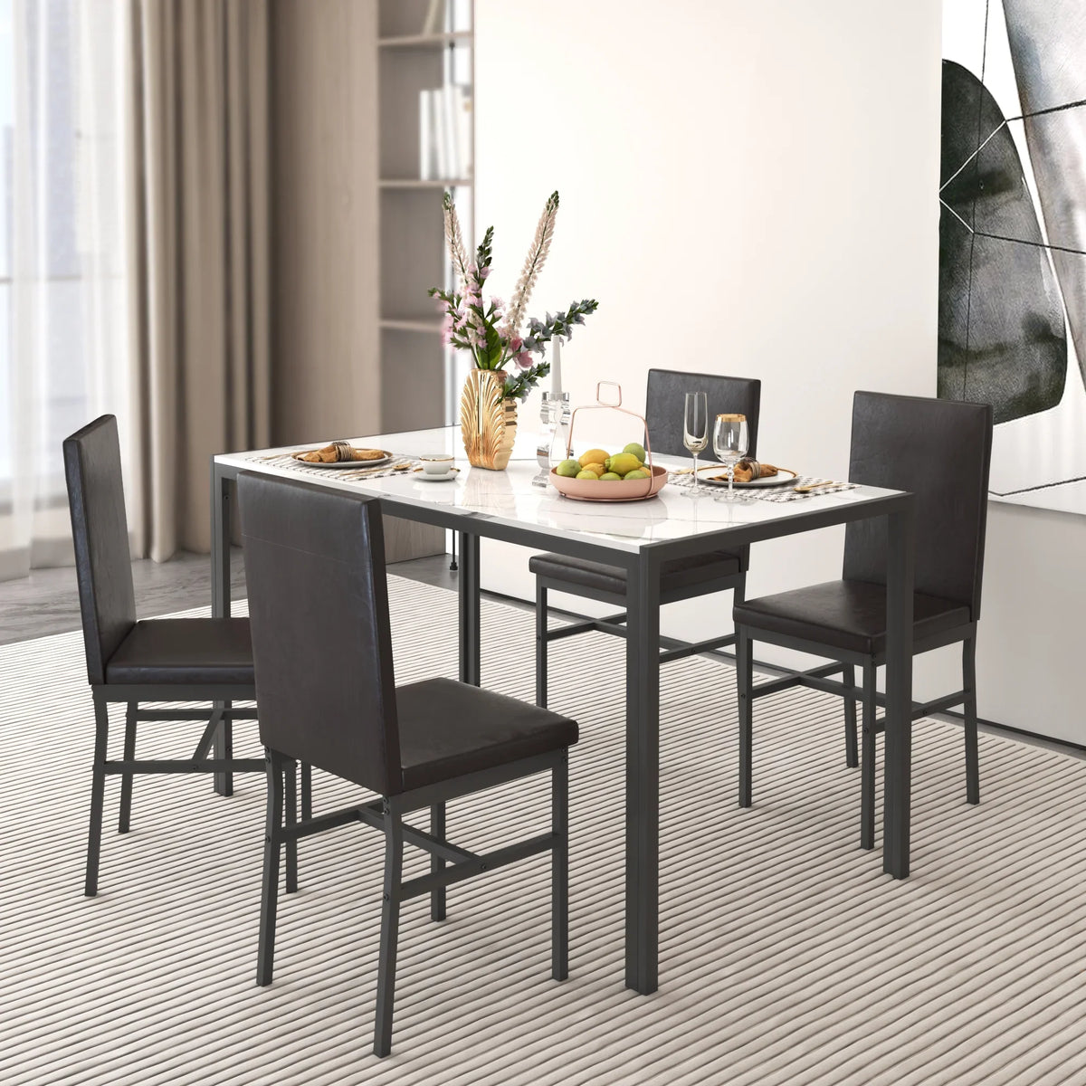 Seizeen Solid Wood Kitchen Table and Chairs, Dining Room Table Set for 4 with Gray Upholstered Chairs, Wood Grain Table Heavy-Duty Frame, Rustic Minimalist Style Breakfast Nook Set