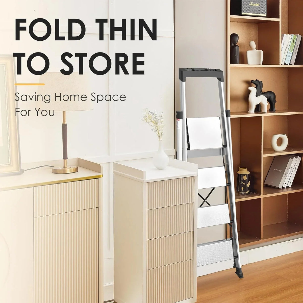 HBTower 4 Step Ladder with Tool Tray, Aluminum Anti-Slip Folding Step Stool for Adults, 330lbs Capacity, Light Weight Portable Ladder for Kitchen Warehouse Outdoor Work
