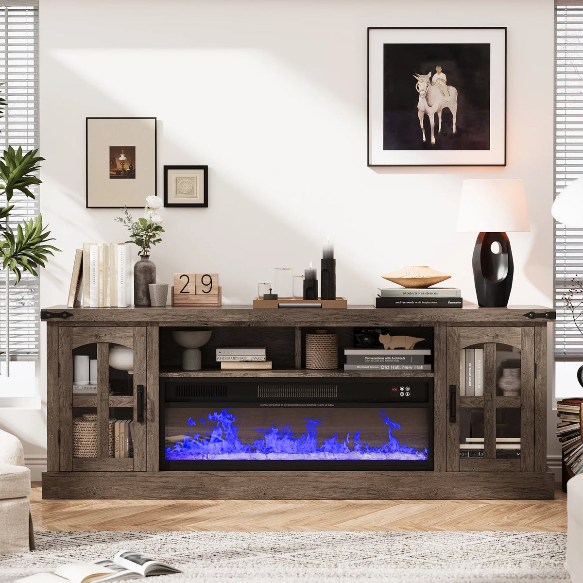 Planntonneo Mid-Century Modern Fluted TV Stand Wooden Media Console Entertainment Center for Living Room, Walnut Color