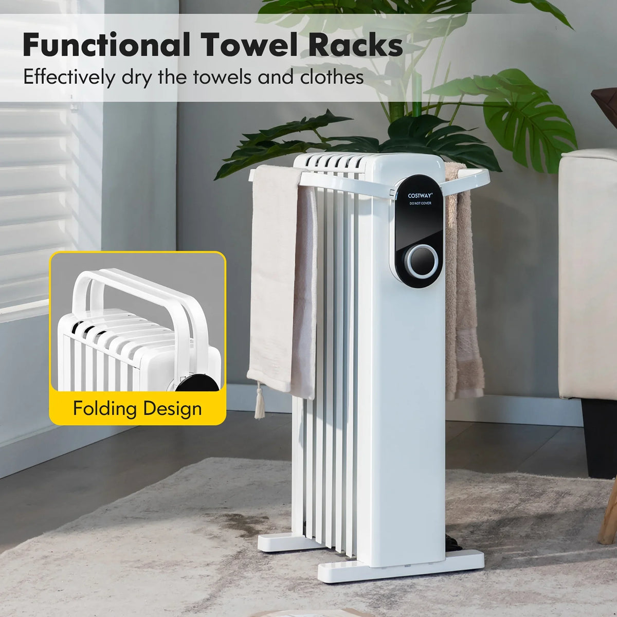 Costway 1500W Electric Space Heater Oil Filled Radiator Heater W/ Foldable Rack White