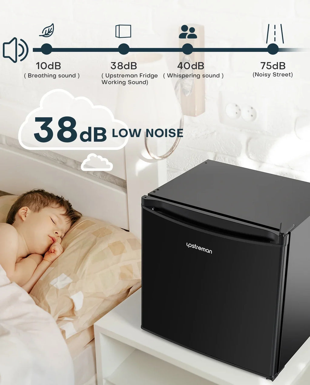 Upstreman 1.7 Cu ft Mini Fridge with Freezer Single Door Compact Refrigerator, Low Noise, Energy Saving, Adjustable Temperature, Reversible Door, for Home Office Dorm, Black FR17