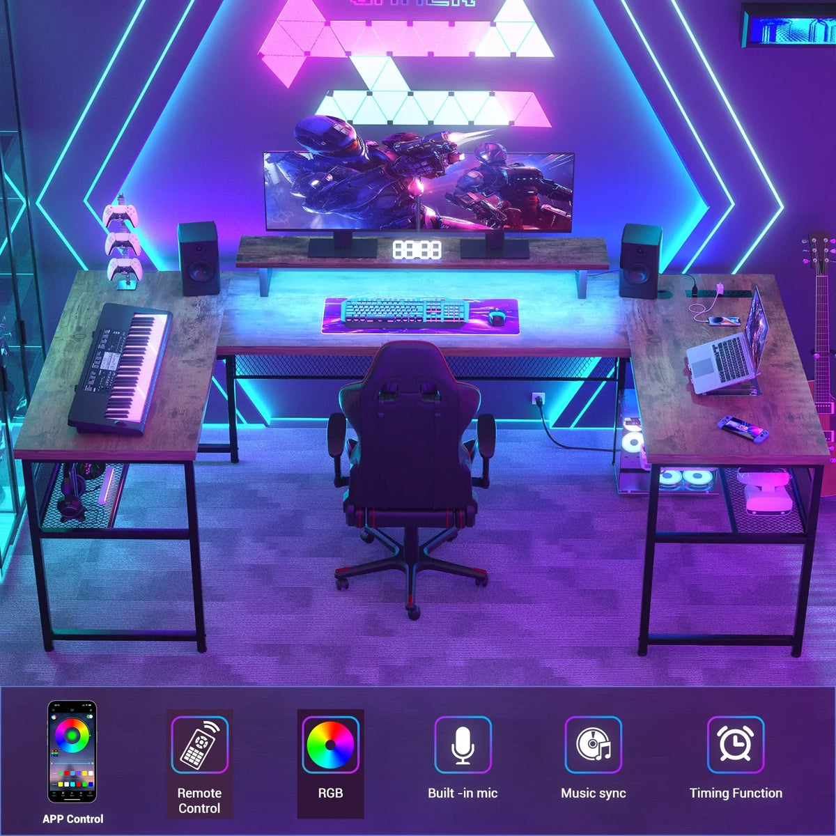 Homieasy U Shaped Desk with Power Outlet and LED Strips, 129.9'' Ergonomic L-Shaped Gaming Desk with Monitor Stand, Reversible Corner Computer Desk with Storage Shelf for Home Office, White Oak