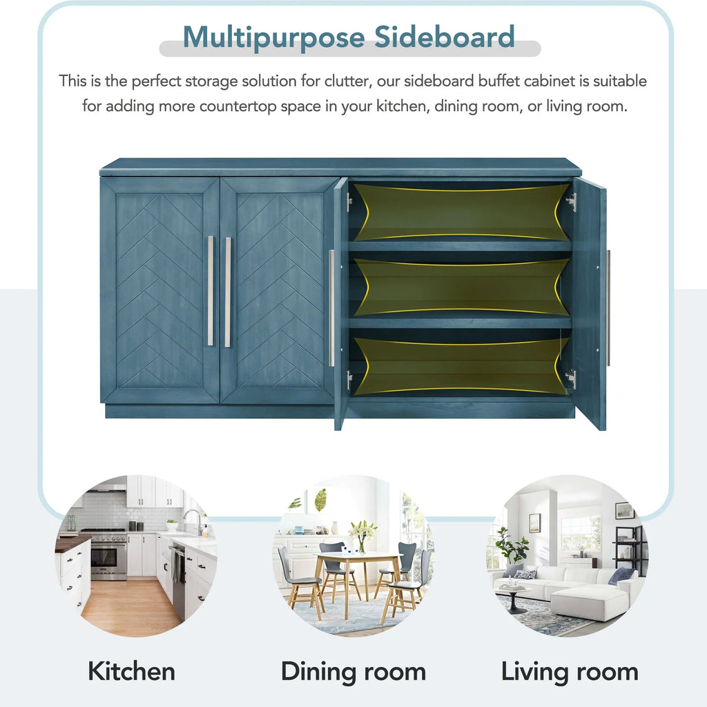 4-Door Buffet Sideboard, Modern Large Storage Cabinet Furniture with Adjustable Shelves&Silver Handles, Accent Cabinet Table, Console Table Cabinet for Kitchen Living Room Entryway Hallway, Navy Blue