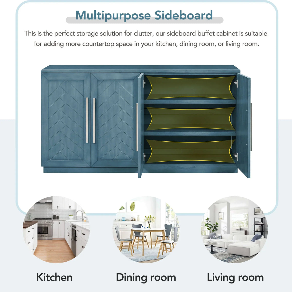 4-Door Buffet Sideboard, Modern Large Storage Cabinet Furniture with Adjustable Shelves&Silver Handles, Accent Cabinet Table, Console Table Cabinet for Kitchen Living Room Entryway Hallway, Navy Blue