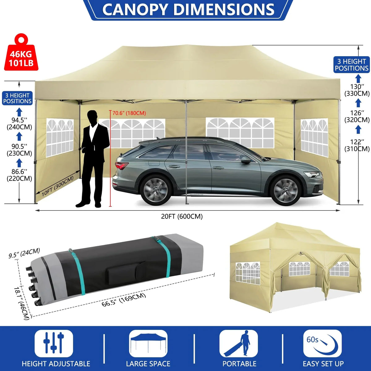 HOTEEL 10x20 Pop up Canopy with 6 Sidewalls Commercial Heavy Duty Canopy UPF 50+ All Weather Waterproof Outdoor Wedding Party Tents Gazebo with Roller Bag, Khaki