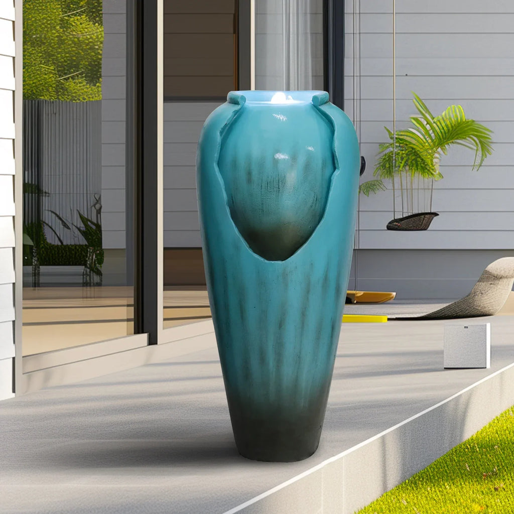 ourrco 30.7"H Concrete Vase Water Fountain, Modern Cascading Waterfall Feature with LED Lighting and Pump, Perfect for Indoor or Outdoor Home and Garden Decor, Red