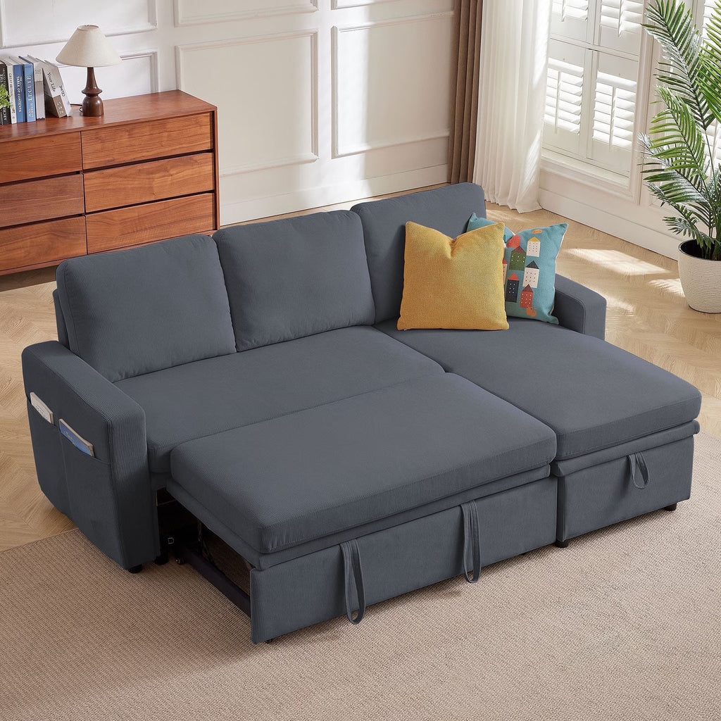 Pingliang Home Pull Out Sleeper Sofa Bed Sectional Sofa with Storage Chaise,L Shaped Sectionals Couches with Side Pockets,Modern Linen Reversible Sofa Couch for Living Room Apartment Office Studio